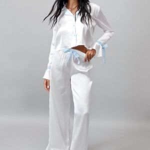 Nasty Gal Satin Contrast Velvet Tie Cuff Pajama Shirt And Pants Set